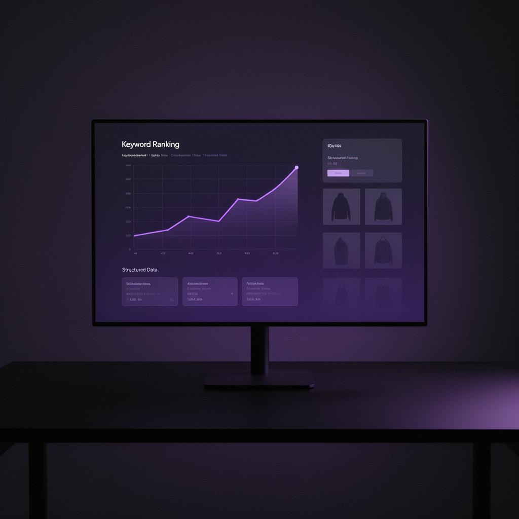 Dark, premium Shopify SEO and AEO strategy visual featuring a keyword ranking growth chart and structured product data